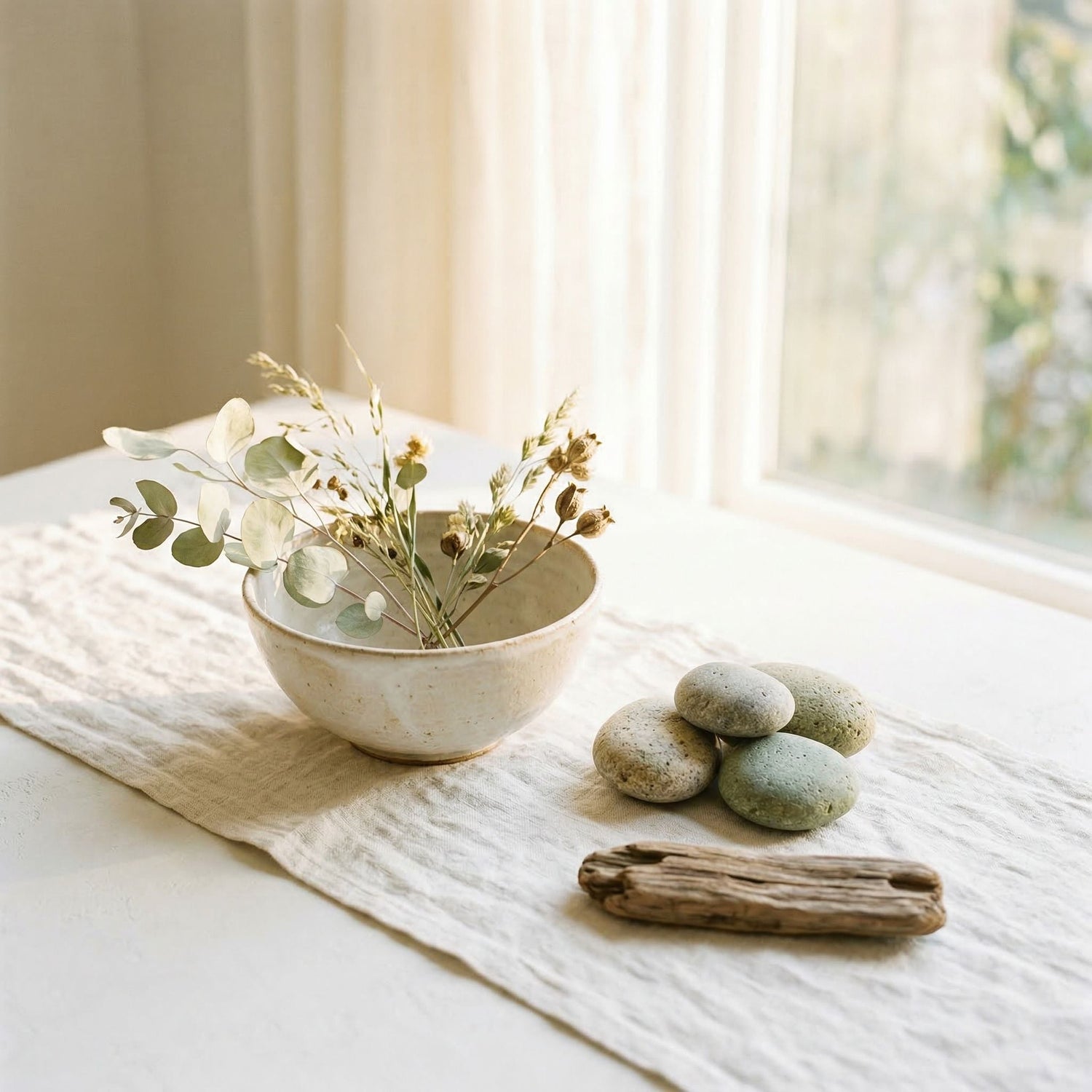 Ceramic bowl with dried botanicals, smooth stones, and driftwood on linen in warm natural light