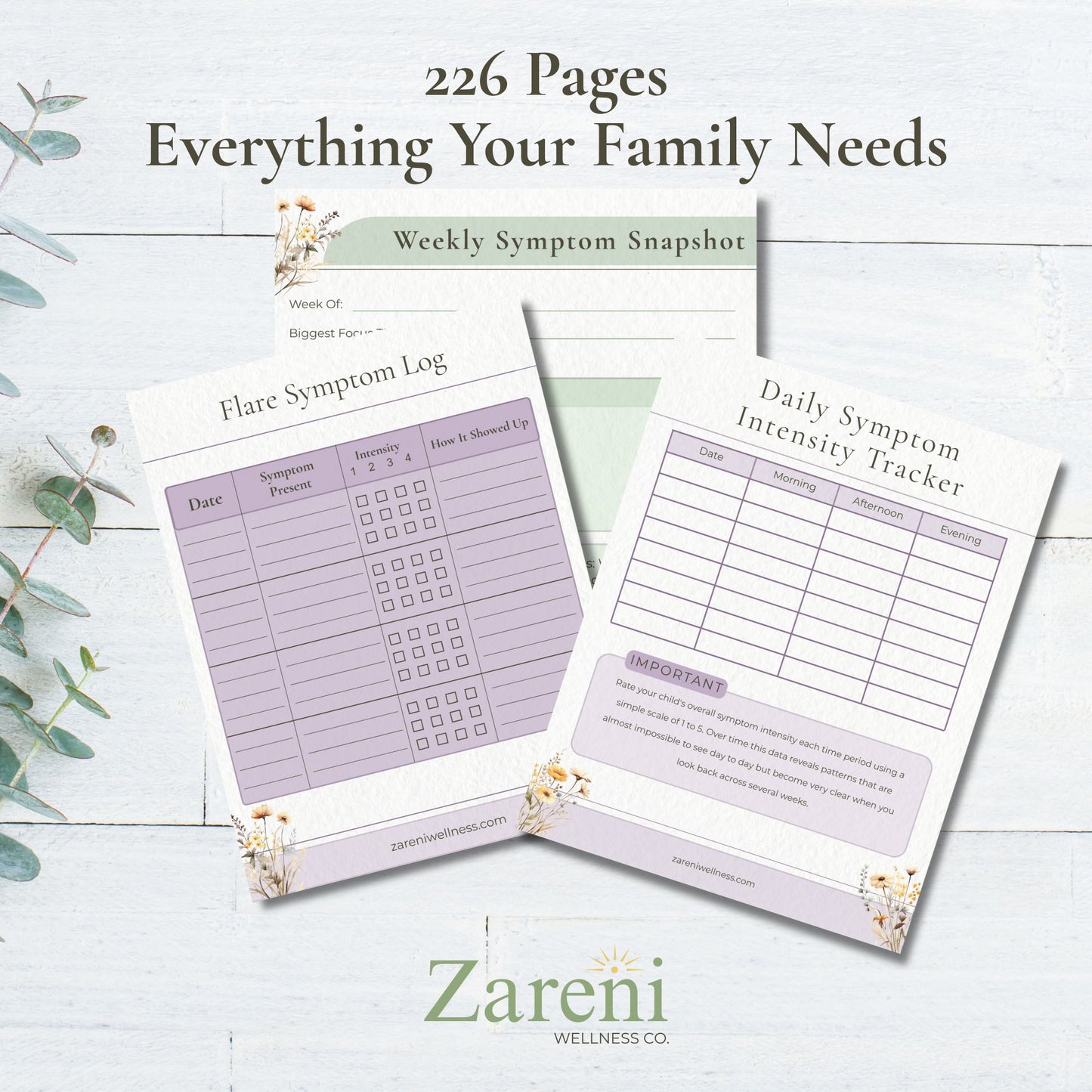PANS/PANDAS symptom tracking pages from The PANS/PANDAS Family Guide by Zareni Wellness showing flare log and daily intensity tracker